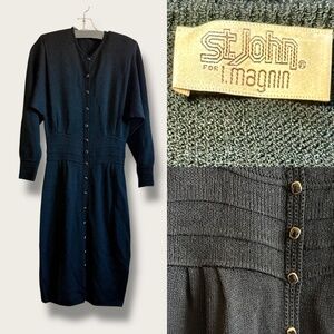 Vintage 1970s St. John I. Magnin Neck Long Sleeves Sweater Dress Black SMALL